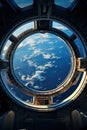 spaceship round window with sunrise over planet view, space station porthole illuminator with planetary sunset view