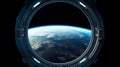 spaceship round window with sunrise over planet view, space station porthole illuminator with planetary sunset view