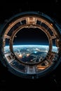 spaceship round window with sunrise over planet view, space station porthole illuminator with planetary sunset view Royalty Free Stock Photo