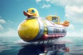 Spaceship shaped like a giant rubber duck, powered by quantum physics, and capable of traversing the cosmos with its whimsical