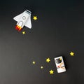 Spaceship, shuttle, rocket and astronaut on black background with copy space for text. Concept of business launch, start up, Royalty Free Stock Photo