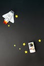 Spaceship, shuttle, rocket and astronaut on black background with copy space for text. Concept of business launch, start up, Royalty Free Stock Photo