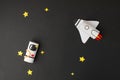 Spaceship, shuttle, rocket and astronaut on black background with copy space for text. Concept of business launch, start up, Royalty Free Stock Photo