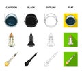 A spaceship in space, a cargo shuttle, A launch pad, an astronaut helmet. Space technology set collection icons in