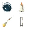 A spaceship in space, a cargo shuttle, A launch pad, an astronaut`s helmet. Space technology set collection icons in Royalty Free Stock Photo