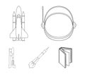 A spaceship in space, a cargo shuttle, A launch pad, an astronaut`s helmet. Space technology set collection icons in Royalty Free Stock Photo