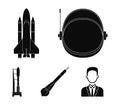 A spaceship in space, a cargo shuttle, A launch pad, an astronaut`s helmet. Space technology set collection icons in Royalty Free Stock Photo