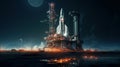 Spaceship is on space launch pad before start in future, big rocket on sky background at night. Concept of travel, technology,