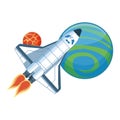 Spaceship with space planets icon