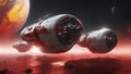 spaceship in space A sci-fi combat setting where two space pods hover over a red ocean that has acid splashes.