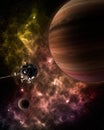 Spaceship or spacecraft in deep or outer space with planets and nebula. Royalty Free Stock Photo