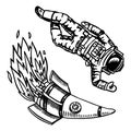 Spaceship and spaceman, Astronomy in vintage style. Space and cosmonaut, rocket and astronaut. Hand drawn in retro