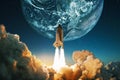 Spaceship takes off into the sky with planet Earth. Rocket flies into space. Success concept Royalty Free Stock Photo