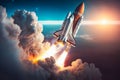 The spaceship takes off to fly on a mission. The beginning of the space flight. Strong flames from the engines. Royalty Free Stock Photo