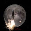 Spaceship taking off on a mission to the full moon Royalty Free Stock Photo