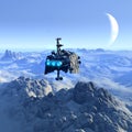 Spaceship on the top of mountain, alien planet with ice and a moon, 3d illustration Royalty Free Stock Photo