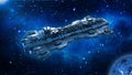 Spaceship traveling in deep space, alien UFO spacecraft flying in the Universe with planet and stars, top view, 3D render