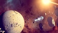 Spaceship traveling between exoplanets of other galaxies, asteroids and meteorites around a planet Royalty Free Stock Photo