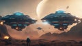 spaceship and ufo Futuristic sci Fi battle space ships hover over a rocky landscape of an alien planet, Royalty Free Stock Photo