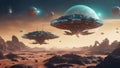 spaceship and ufo _Futuristic sciFi battle space ships hover over an alien planet