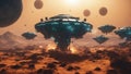 spaceship and ufo near exploding sun Futuristic sciFi battle space ships hover over an alien planet,