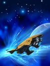 Spaceship under attack, orbiting around a planetary system, 3d illustration Royalty Free Stock Photo