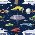 Spaceship vector spacecraft or rocket and spacy ufo illustration set of spaced ship or rocketship in universe space Royalty Free Stock Photo