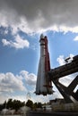 spaceship Vostok on a pedestal in VDNH park, Moscow near the Cosmos pavilion. Inscriptions: \