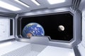 Spaceship White Room Interior with View on Space and Earth Planet. Elements of this image furnished by NASA. 3d Rendering Royalty Free Stock Photo