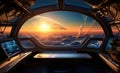 spaceship window with sunrise over planet view, space station porthole illuminator with planetary sunset view, astronomy