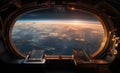 spaceship window with sunrise over planet view, space station porthole illuminator with planetary sunset view, astronomy