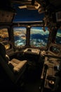 spaceship window with sunrise over planet view, space station porthole illuminator with planetary sunset view, astronomy