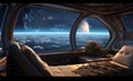 spaceship window with sunrise over planet view, space station porthole illuminator with planetary sunset view, astronomy