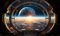 spaceship window with sunrise over planet view, space station porthole illuminator with planetary sunset view, astronomy