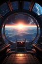 spaceship window with sunrise over planet view, space station porthole illuminator with planetary sunset view, astronomy