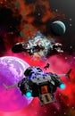 spaceships and astronaut flying around an alien planetary system in the nebula, 3d illustration