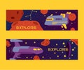 Spaceships in cosmos with planets set of banners vector illustration. Travel to new planets and galaxies. Space trip