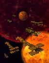 Spaceships exploring alien planetary system in the nebula, 3d illustration