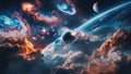 Spaceships exploring colorful nebulae and planets in deep space