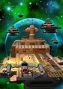 Spaceships Flying around an alien Planet, 3d illustration Royalty Free Stock Photo