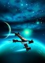 Spaceships flying around a planetary system, 3d illustration