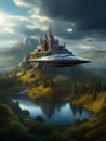 spaceships flying over the lake, fantasy scenery, time travelers, generative ai illustration, medieval castle on the hill