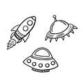 Spaceships. Flying saucers. Set of vector illustrations in doodle style