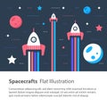 Spaceships flying in space among stars and planets, children flat illustration