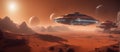 Spaceships on mars like exoplanet. Futuristic scifi illustration in high resolution and high detail