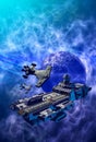 Spaceships near a Blue Planet, inside a nebula, 3d illustration