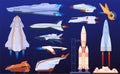 Spaceships, rockets, interstellar ships. Set of different spaceships in a fantastic style. Royalty Free Stock Photo