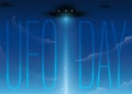 Spaceships in the Sky with Light Beam during UFO Day, Vector Illustration Royalty Free Stock Photo