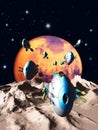 Spaceships in space, flying over a moon, 3d illustration