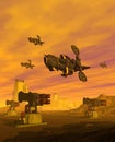 Spaceships squadron Flying over a space base, alien Planet with Orange clouds and desert, 3d illustration